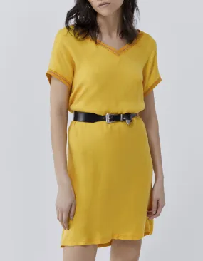 Robe housse jaune bi matière avec bords-côtes Femme